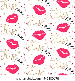 Vector Valentines Day hand drawn text Kiss Me. Pink lips icon. Valentine Day design seamless pattern. Gold, black and pink on white background.