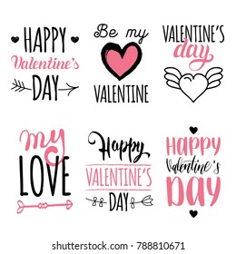Vector Valentine's Day hand lettering set. February 14 calligraphy with hearts and  arrows illustration. Festive typography.