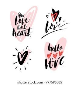 Vector Valentines Day with handwritten lettering. I love you. Romantic inscriptions for design greeting cards, tattoo, holiday stickers.