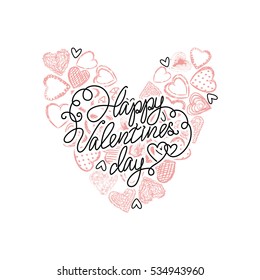 Vector valentines day heart drawn from a set of small hearts. Valentines day lettering. White background