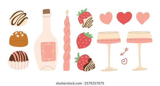 Vector Valentine's Day hearts, chocolate, strawberries and wine illustration collection. Modern hand drawn pastel pink clip art set for books, stationery, banners and social media