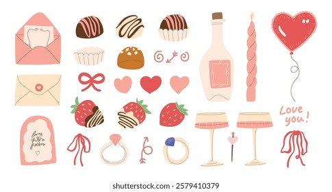 Vector Valentine's Day hearts, chocolate, strawberries and wine illustration collection. Modern hand drawn pastel pink clip art set for books, stationery, banners and social media