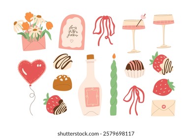 Vector Valentine's Day hearts, chocolate, strawberries and wine illustration collection. Modern hand drawn pastel pink clip art set for books, stationery, banners and social media