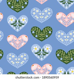 Vector Valentine's Day hearts seamless pattern in folk art style