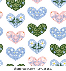 Vector Valentine's Day hearts seamless pattern in folk art style