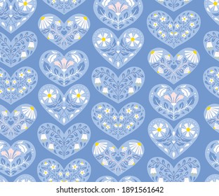 Vector Valentine's Day hearts seamless pattern in folk art style