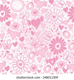 Vector Valentine's Day hearts seamless pattern background with hand drawn elements