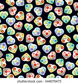 Vector Valentine's Day hearts seamless pattern background with hand drawn elements. Vector illustration