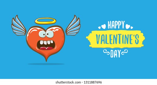 Vector Valentines day horizontal banner with funny cartoon heart character with wings and holy angel golden nimbus isolated on pink background. Conceptual valentines day comic funky kids poster