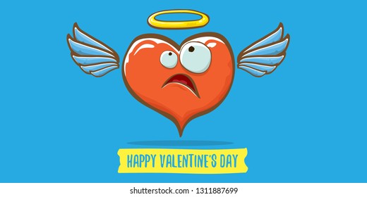 Vector Valentines day horizontal banner with funny cartoon heart character with wings and holy angel golden nimbus isolated on pink background. Conceptual valentines day comic funky kids poster
