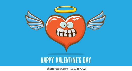 Vector Valentines day horizontal banner with funny cartoon heart character with wings and holy angel golden nimbus isolated on pink background. Conceptual valentines day comic funky kids poster