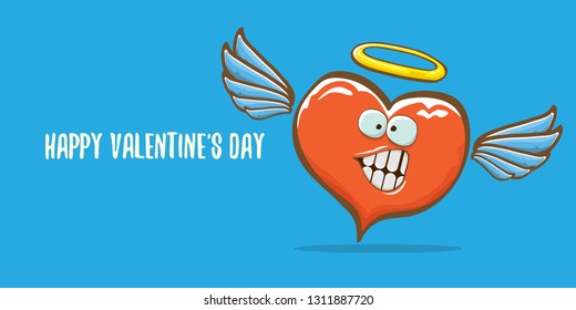 Vector Valentines day horizontal banner with funny cartoon heart character with wings and holy angel golden nimbus isolated on pink background. Conceptual valentines day comic funky kids poster