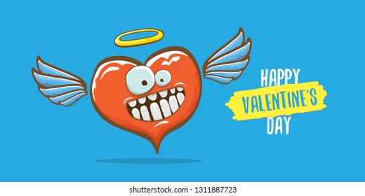 Vector Valentines day horizontal banner with funny cartoon heart character with wings and holy angel golden nimbus isolated on pink background. Conceptual valentines day comic funky kids poster