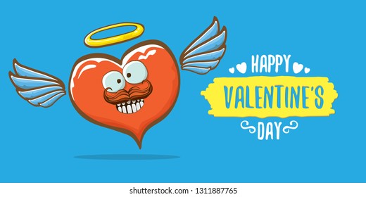 Vector Valentines day horizontal banner with funny cartoon heart character with wings and holy angel golden nimbus isolated on pink background. Conceptual valentines day comic funky kids poster