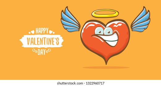Vector Valentines day horizontal banner with funny cartoon heart character with wings and holy angel golden nimbus isolated on orange background. Conceptual valentines day comic funky kids poster 