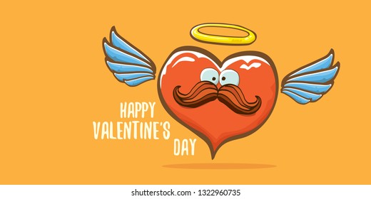 Vector Valentines day horizontal banner with funny cartoon heart character with wings and holy angel golden nimbus isolated on orange background. Conceptual valentines day comic funky kids poster 