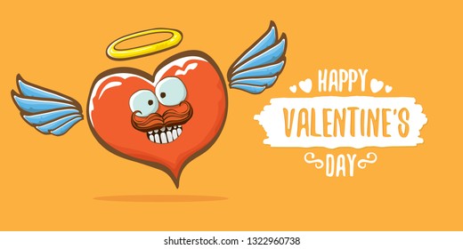 Vector Valentines day horizontal banner with funny cartoon heart character with wings and holy angel golden nimbus isolated on orange background. Conceptual valentines day comic funky kids poster 