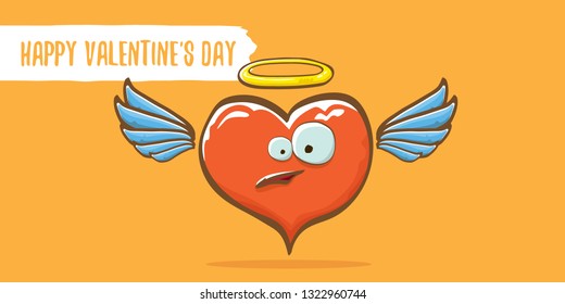 Vector Valentines day horizontal banner with funny cartoon heart character with wings and holy angel golden nimbus isolated on orange background. Conceptual valentines day comic funky kids poster 