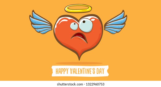 Vector Valentines day horizontal banner with funny cartoon heart character with wings and holy angel golden nimbus isolated on orange background. Conceptual valentines day comic funky kids poster 