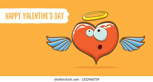 Vector Valentines day horizontal banner with funny cartoon heart character with wings and holy angel golden nimbus isolated on orange background. Conceptual valentines day comic funky kids poster 