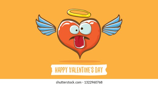 Vector Valentines day horizontal banner with funny cartoon heart character with wings and holy angel golden nimbus isolated on orange background. Conceptual valentines day comic funky kids poster 