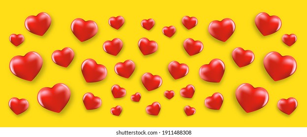 vector valentines day horizontal banner or background with red vector realistic hearts isolated on a yellow background