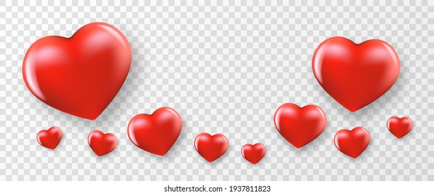 vector valentines day horizontal banner or background with red vector realistic hearts isolated on transparent background