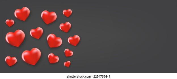 vector valentines day horizontal banner or background with red vector realistic hearts isolated on grey background. 3d Hearts flat lay on table with space for text