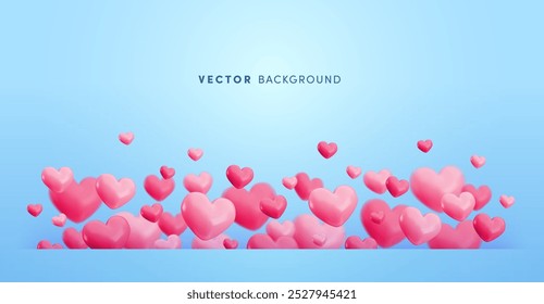 Modelo de banner horizontal do Vetor Valentines Day. Borda com balões cor-de-rosa de coração voando e espaço para texto sobre fundo azul. Desenho animado realista 3d Dia dos Namorados design para convite, saudação