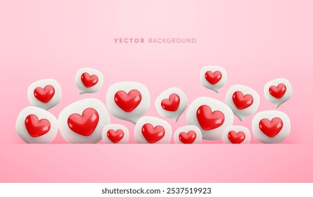 Plantilla de Anuncio Horizontal del Día de San Valentín del Vector. Borde rosa con burbujas de discurso volando con corazones rojos. Tarjeta de felicitación realista del día de San Valentín de la historieta 3d, invitación, fondo de mensajes de amor.