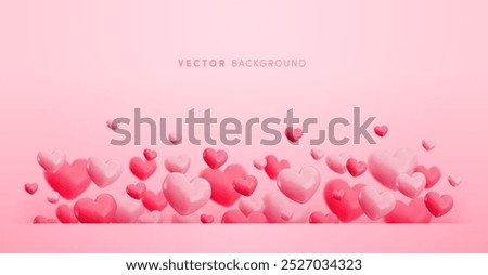 Vector Valentines Day horizontal banner template. Pink border with flying out heart balloons and space for text. Realistic cartoon 3d Valentine's day design for greeting card, invitation, background.
