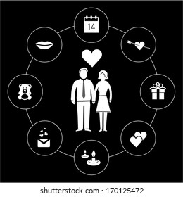 vector valentines day icons and pictograms set | flat design infographic white on black background