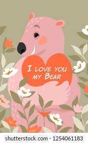 Vector Valentines day Illustration with cute bear with a heart in its paws surrounded by flowers. Greeting card in cartoon style.