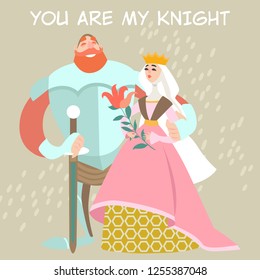 Vector Valentines day Illustration with cute princess and knight with a flower. Funny cartoon characters in historical costumes. 