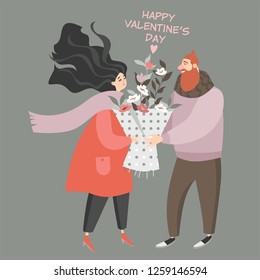Vector Valentines day Illustration with cute couple with bouquet of flowers. Greeting card in cartoon style.