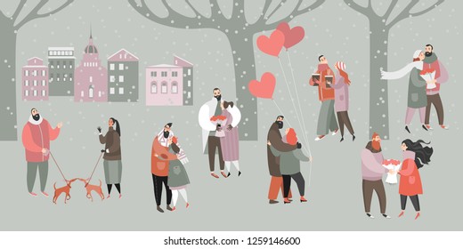 Vector Valentines day Illustration with happy couples with bouquets of flowers and balloons in the city park. Cartoon style banner