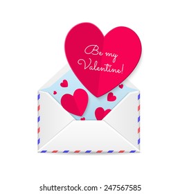 Vector Valentines Day illustration of Open envelope with paper red hearts isolated on white background
