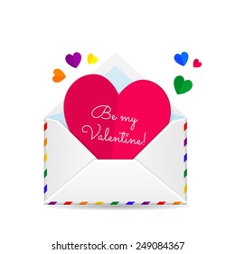Vector Valentines Day illustration of Open envelope with paper hearts and place for text isolated on white background. LGBT colors hearts, symbol of gay love