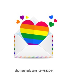 Vector Valentine's Day illustration of Open envelope with paper hearts isolated on white background. LGBT colors hearts, symbol of gay love