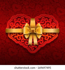 Vector Valentine's day lacy paper heart greeting card on doodle ornate background 