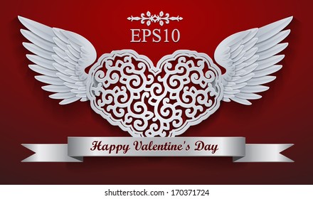 Vector Valentine's Day Lacy Paper Heart  With Wings Greeting Card  