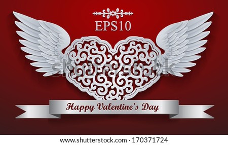 Vector Valentine's day lacy paper heart  with wings greeting card  