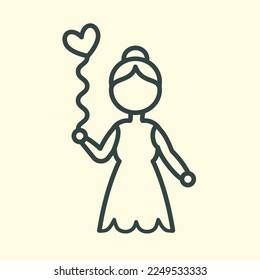 Vector Valentine's day Line Icon, logo, symbol with cute girl hold balloon on hearts. Vector illustration
