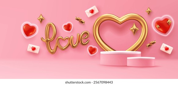 Vector of Valentine's Day Love Banner Design Featuring Golden Heart,3D Red Hearts,Love Letters,Gift Decorations and Podium on a Romantic Pink Pastel Background for Celebration and Festive Mood.