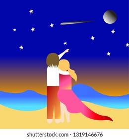 Vector Valentine's Day Lovers who are on the edge of the sea staring at the stars