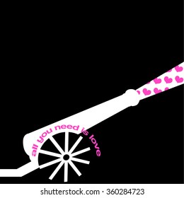 Vector valentine's day minimal optical greeting card background with cannon shooting hearts