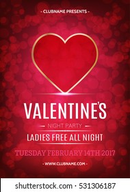 Vector Valentines Day night party flayer. Light effect. Happy Valentines Day Party Poster Design Template.