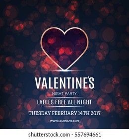 Vector Valentines Day night party flayer. Light effect. Happy Valentines Day Party Poster Design Template.