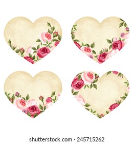 Vector Valentine's day parchment hearts with red and pink roses.