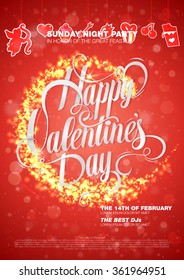 Vector Valentine's Day Party design template. Vector illustration. Frame  inscription whith bokeh and heart. Valentine's Day card. Valentine's Day glittering lettering design greeting card.